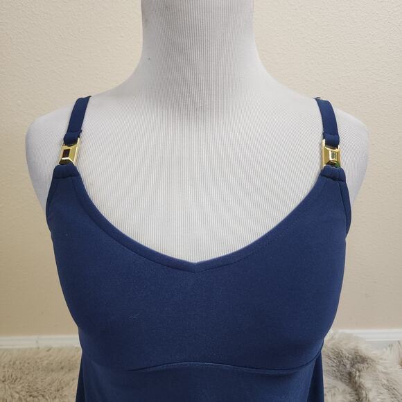 Aqua Green Navy Blue Swim Dress Size Small Side Slit Adjustable Straps Gold - Picture 2 of 9